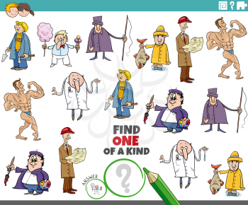 Cartoon illustration of find one of a kind picture educational task for children with comic people characters