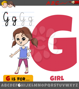 Educational cartoon illustration of letter G from alphabet with girl kid character