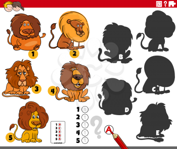 Cartoon illustration of finding the right shadows to the pictures educational game for children with lions animal characters