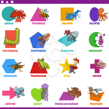 Educational cartoon illustration of basic geometric shapes with captions and animal characters for preschool and elementary age children