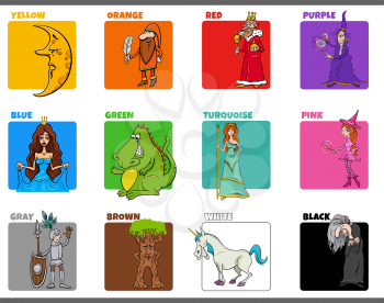 Cartoon illustration of basic colors with comic fantasy characters educational set