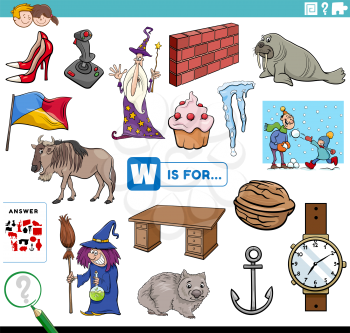 Cartoon illustration of finding pictures starting with letter W educational task worksheet for children with objects and comic characters