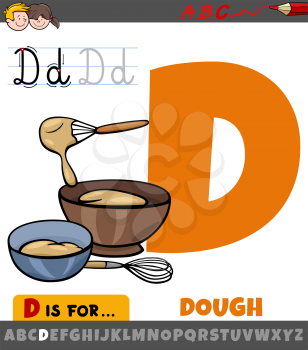 Educational cartoon illustration of letter D from alphabet with dough word