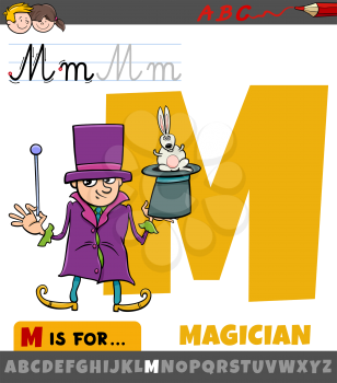 Educational cartoon illustration of letter M from alphabet with magician character