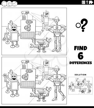 Black and white cartoon illustration of finding the differences between pictures educational game for children with funny robots fantasy characters coloring book page