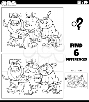 Black and white cartoon illustration of finding the differences between pictures educational game for children with funny dogs animal characters group coloring book page
