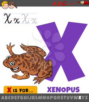 Educational cartoon illustration of letter X from alphabet with xenopus animal character