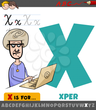 Educational cartoon illustration of letter X from alphabet with xper character