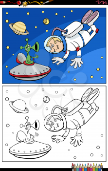 Cartoon illustration of astronaut and alien characters in space coloring book page