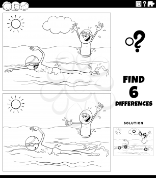Black and white cartoon illustration of finding the differences between pictures educational game for children with swimming boys coloring book page