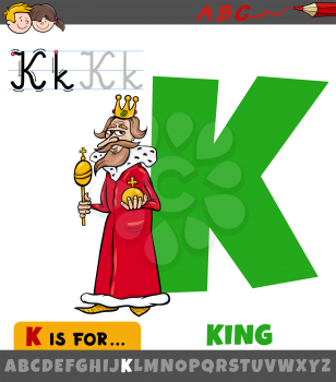 Educational cartoon illustration of letter K from alphabet with king royal person character