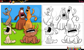 Cartoon illustration of howling dogs animal characters group coloring book page