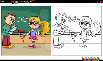 Cartoon illustration of boy and girl characters at the blackboard coloring book page