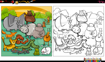 Cartoon illustration of wild animal characters group coloring book page