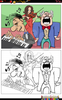 Cartoon illustration of musicians characters group coloring book page
