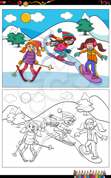 Cartoon illustration of skiing girls comic characters coloring book page