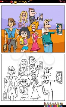 Cartoon illustration of people with smart phones talking or taking photos comic characters group coloring book page
