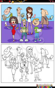 Cartoon illustration of people with smart phones and tablets comic characters group coloring book page