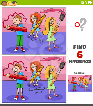 Cartoon illustration of finding the differences between pictures educational game with students children