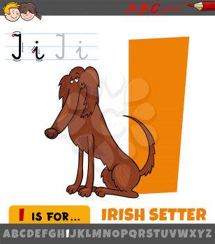 Educational cartoon illustration of letter I from alphabet with irish setter dog character for children 