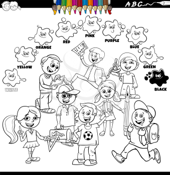 Black and white educational cartoon illustration of basic colors with pupils children group coloring book page