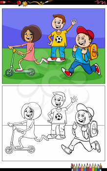 Cartoon illustration of school children comic characters coloring book page