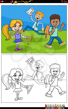 Cartoon illustration of elementary school children comic characters coloring book page