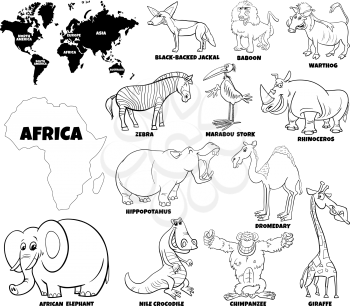 Black and white educational cartoon illustration of African animal characters set and world map with continents shapes coloring book page