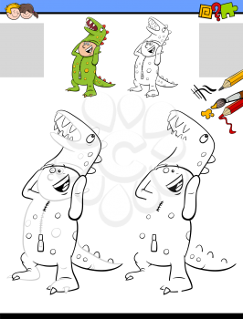 Cartoon illustration of drawing and coloring educational activity for children with boy in dinosaur costume