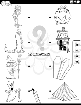 Black and white cartoon illustration of educational matching game for kids with spooky Halloween characters coloring book page