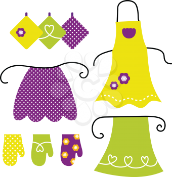 Royalty Free Clipart Image of Aprons and Oven Mitts