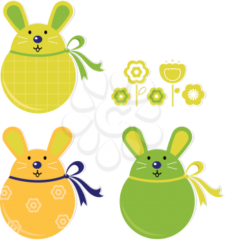 Royalty Free Clipart Image of Easter Bunny Eggs and Flowers