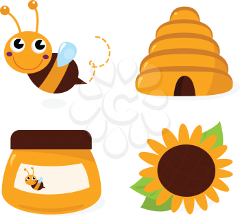 Cute Bee and Honey set. Vector cartoon Illustration