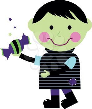 Royalty Free Clipart Image of a Child Trick-or-Treating as a Zombie