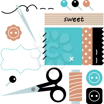Sewing set with scissors, buttons, and pins in retro style. Vector