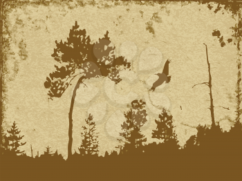 Royalty Free Clipart Image of a Bird Flying Around a Tree