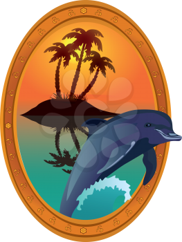 Dolphin against tropical island in a wooden frame, file EPS.8 illustration.