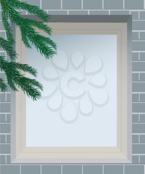 Spruce branches against the window in brick wall, file EPS.8 illustration.