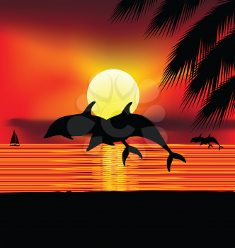 Royalty Free Clipart Image of Dolphins at Sunset