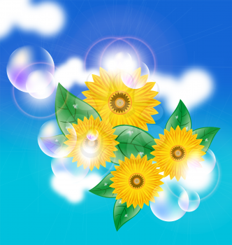 Royalty Free Clipart Image of Flowers and Bubbles on a Blue Background