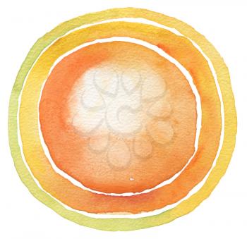 Circle yellow watercolor painted button background. Texture paper. Isolated.