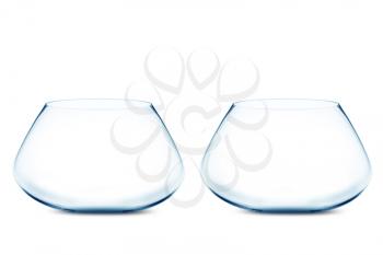 isolated Empty Two fishbowls without water in front of white background.