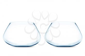 isolated Empty Two fishbowls without water in front of white background.