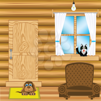 Illustration of the room with furniture in wooden house