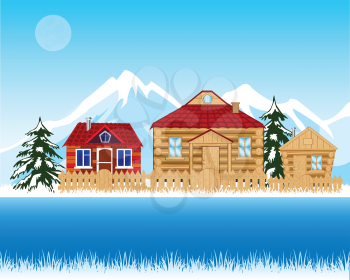 Vector illustration riverside village winter.Winter landscape