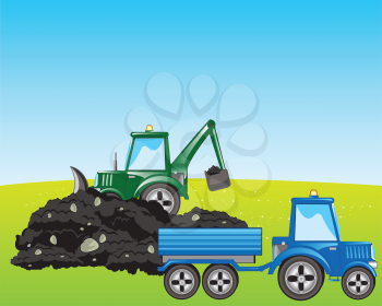 Tractor with scoop digs and loads land in pushcart