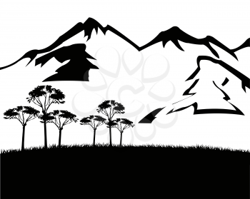 Black white landscape of the mountain tops and tree