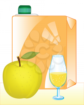 Packing of juice and apple with goblet on white background