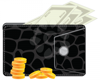 Black purse from skin with money on white background is insulated