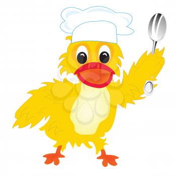 Duckling cook with spoon on white background is insulated